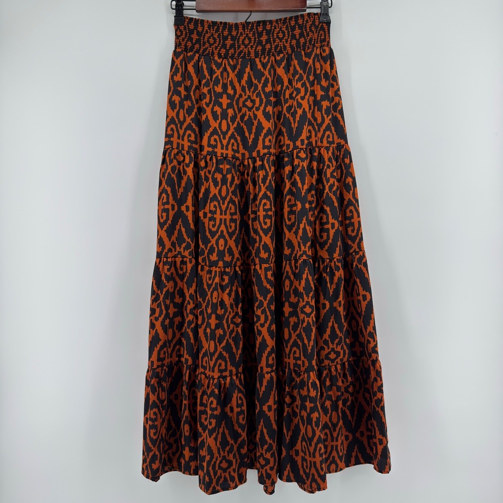 NEW Chicos Maxi Skirt Smocked Waist Ikat Pattern Burnished Clay Orange Black OO